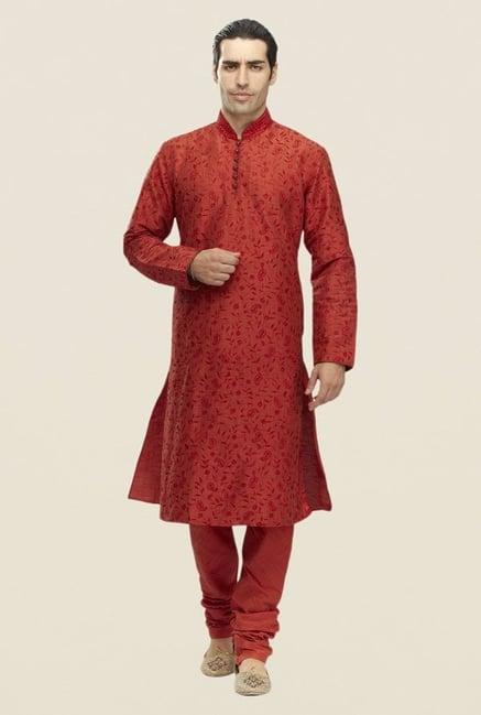 manyavar red embroidered kurta & churidar set