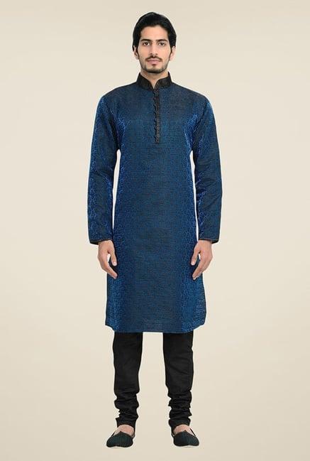 manyavar blue & black brocade kurta & churidar set