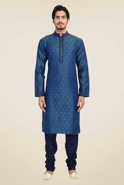 manyavar royal blue brocade kurta & churidar set