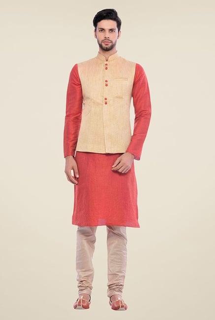 manyavar beige & red ethnic kurta set with jacket