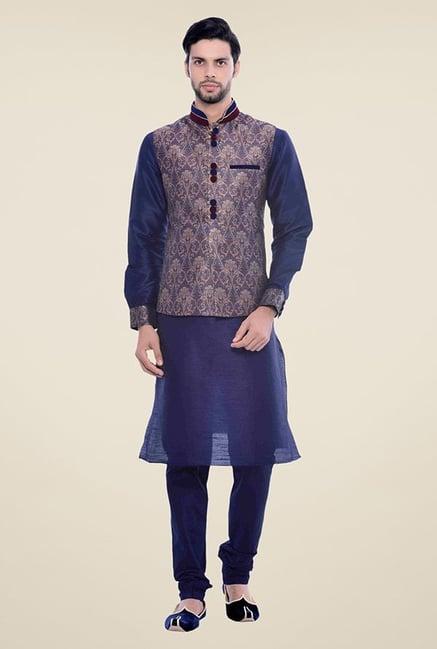 manyavar blue ethnic kurta set with jacket