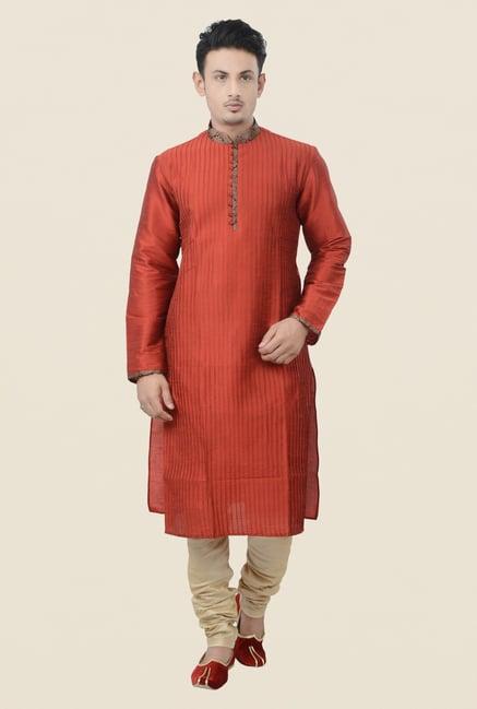 manyavar rust striped kurta & chudidar set