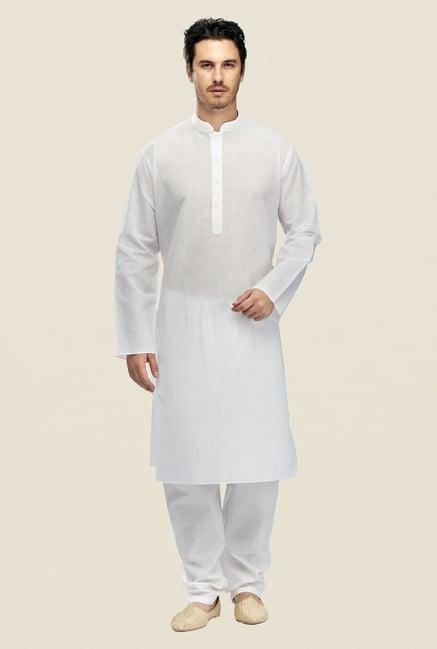 manyavar white textured kurta & pyjama set