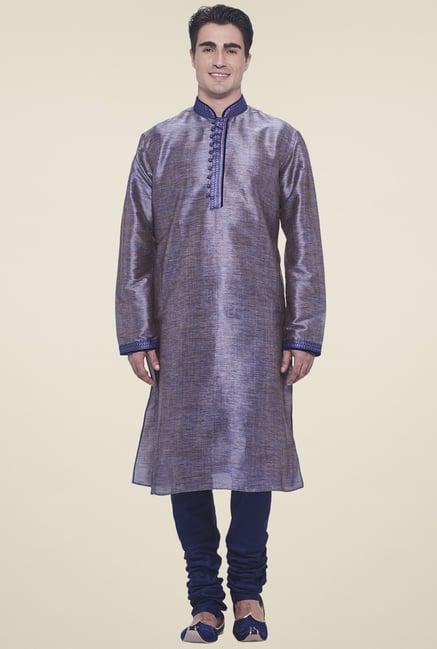 manyavar dark blue mandarin collar kurta set