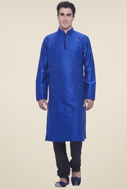 manyavar blue mandarin collar regular fit kurta set