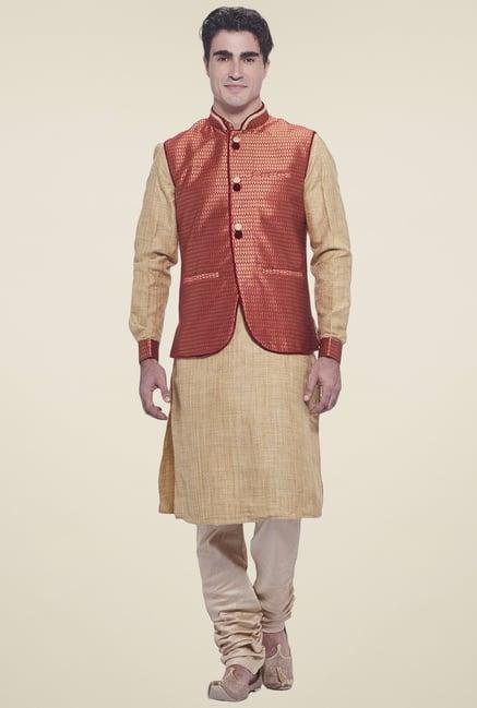 manyavar beige & red ethnic kurta set with jacket