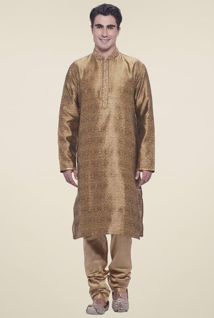 manyavar brown full sleeves cotton kurta set