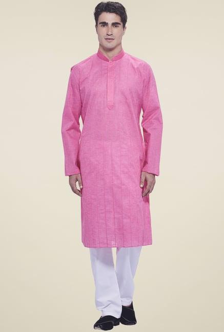 manyavar pink cotton regular fit kurta set