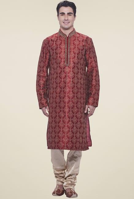 manyavar maroon mandarin collar cotton kurta set