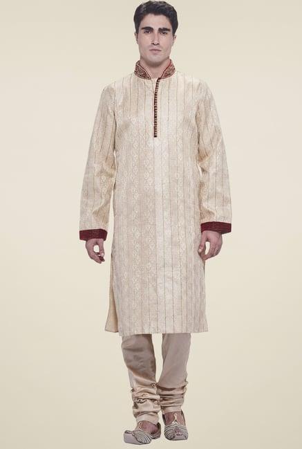 manyavar light beige mandarin collar kurta set