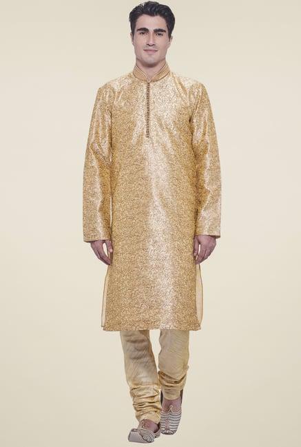 manyavar beige full sleeves cotton kurta set