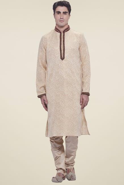 manyavar beige mandarin collar cotton kurta set