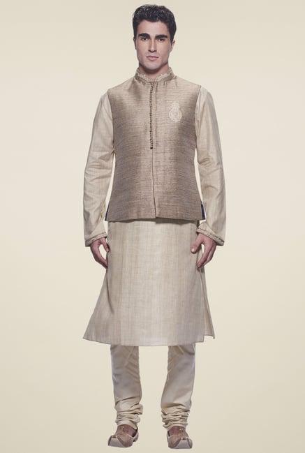 manyavar dark beige cotton ethnic kurta set with jacket