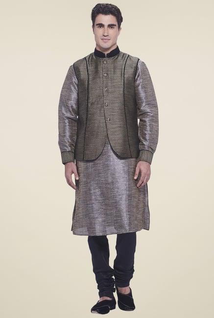 manyavar grey cotton ethnic kurta set with jacket