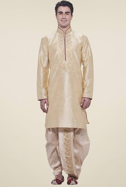 manyavar beige embroidered ethnic kurta set