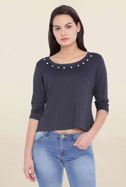 campus sutra navy printed crop top