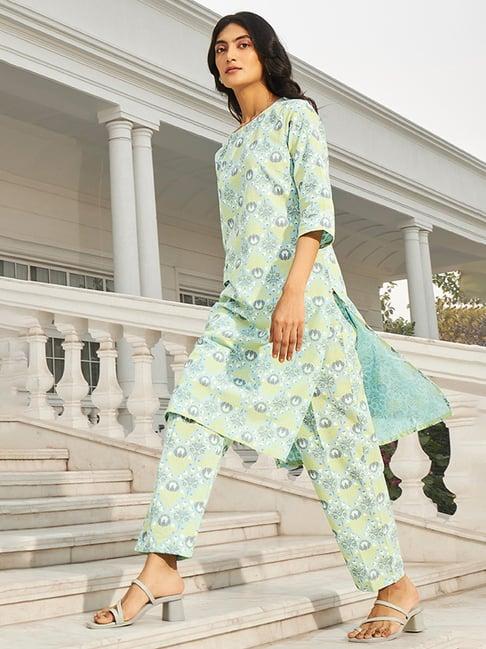 w mint green cotton floral print kurta pant set