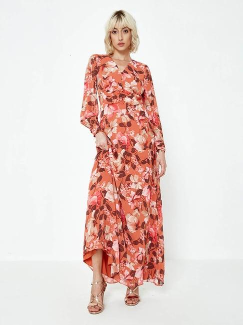 cover story orange floral print maxi dress