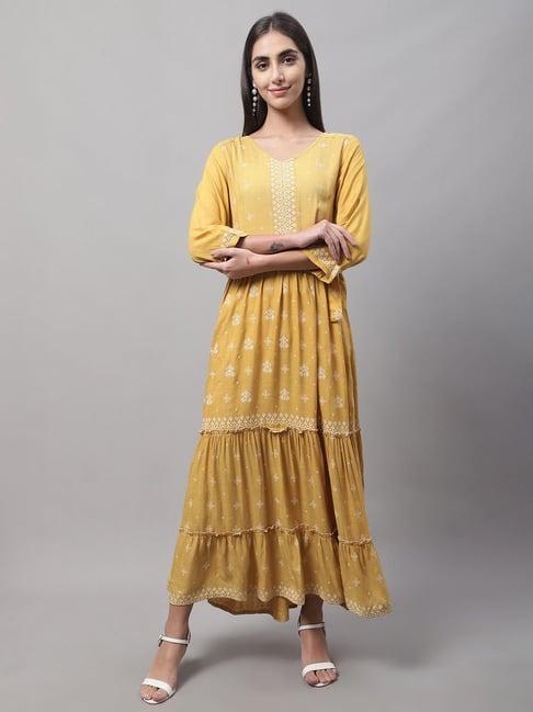 cantabil mustard printed a line kurta