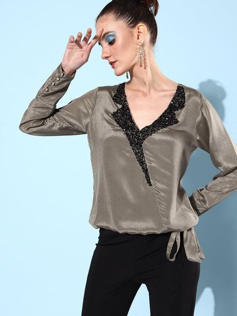 quiero dark beige embellished top