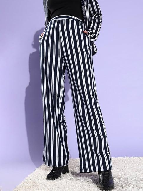 quiero navy striped straight fit mid rise trousers