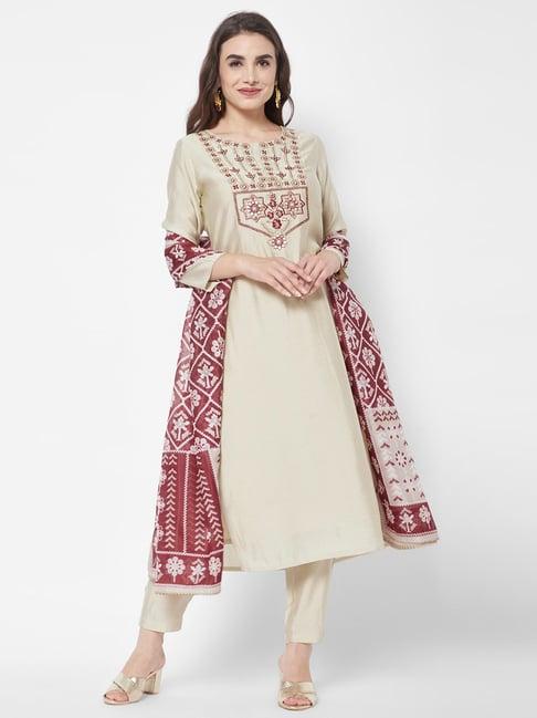 heeposh beige embroidered kurta pant set with dupatta