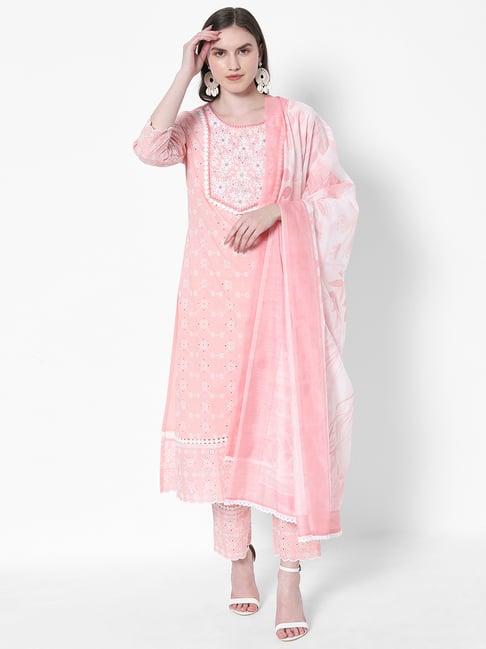 heeposh pink cotton embroidered kurta pant set with dupatta