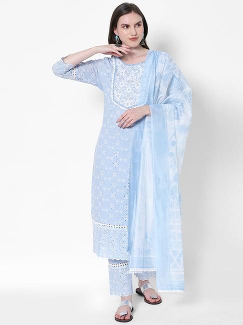 heeposh blue cotton embroidered kurta pant set with dupatta