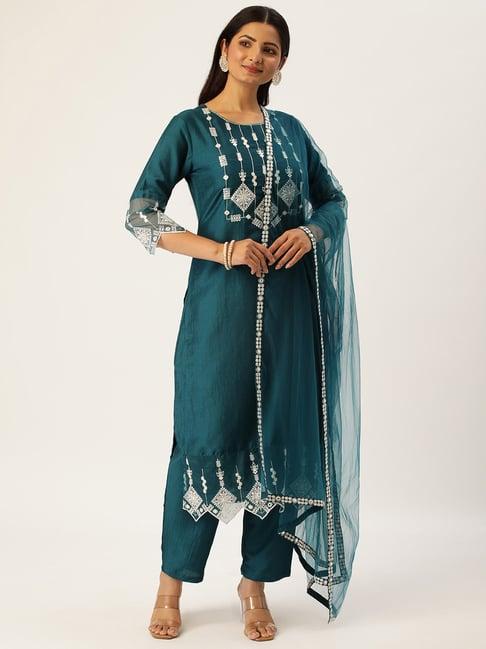 heeposh teal blue embroidered kurta pant set with dupatta