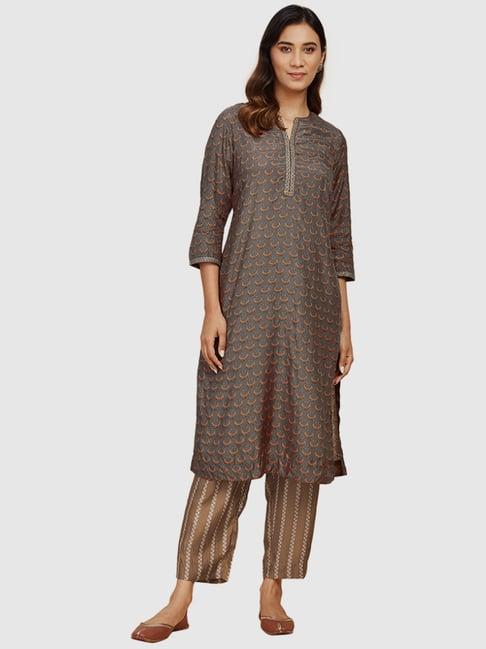 fabindia grey & brown printed kurta pant set