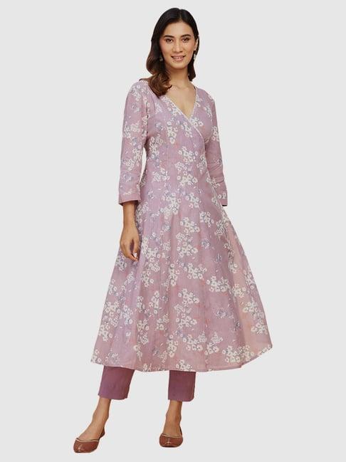 fabindia purple cotton floral print angrakha kurta