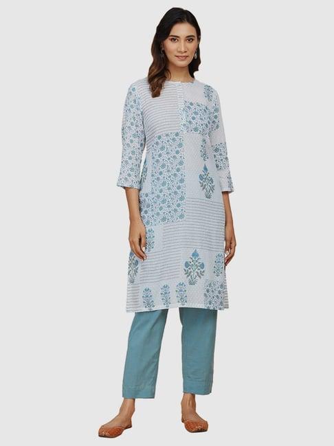 fabindia white & blue cotton floral print straight kurta