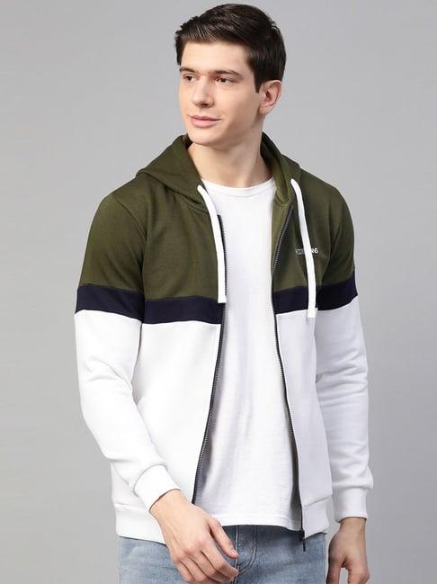 underjeans by spykar green regular fit colour block hooded sweatshirt