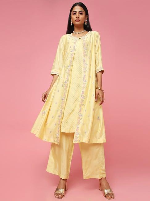 marigold lane yellow embroidered kurta palazzo set with jacket