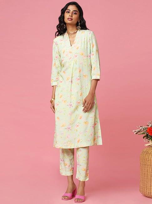 marigold lane mint green floral print kurta pant set