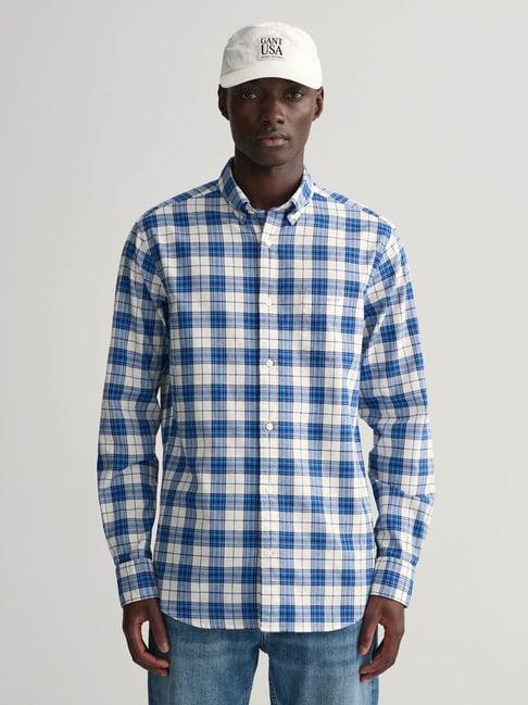 gant blue cotton regular fit checks shirt