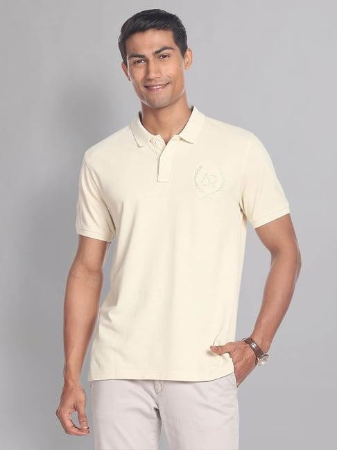 ad by arvind beige slim fit logo polo t-shirt