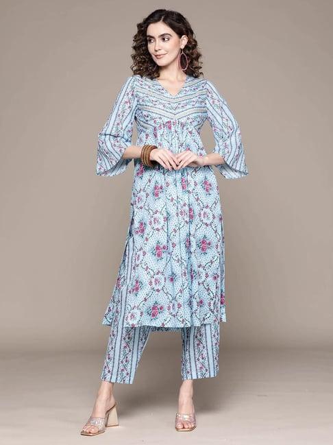 aarke ritu kumar blue printed kurta pants set