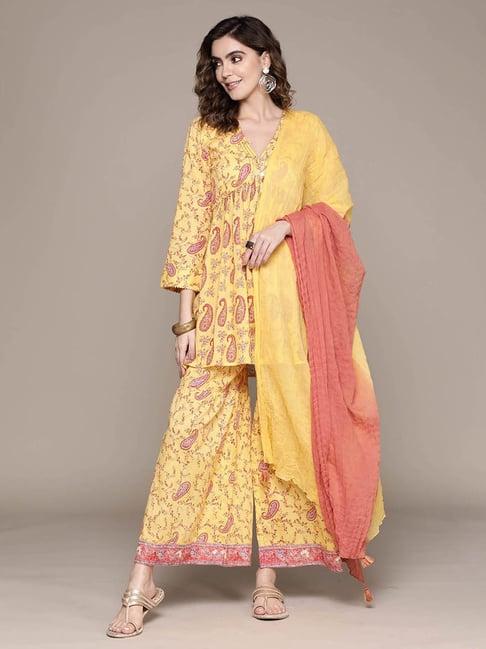 aarke ritu kumar yellow printed kurta with sharara & dupatta