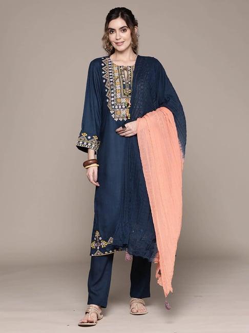 aarke ritu kumar navy embroidered kurta with pants & dupatta