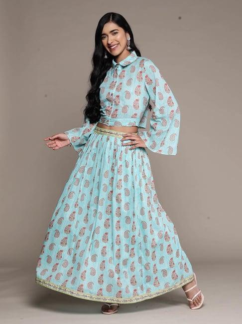 aarke ritu kumar turquoise printed top & skirt