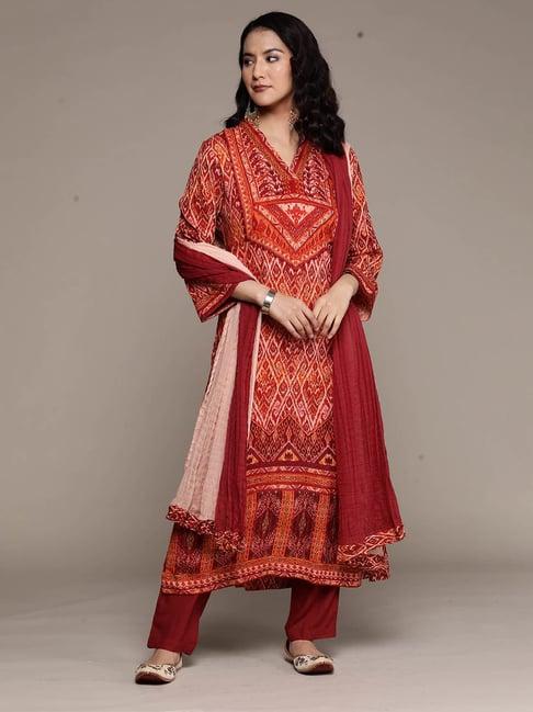 aarke ritu kumar rust printed kurta with pants & dupatta