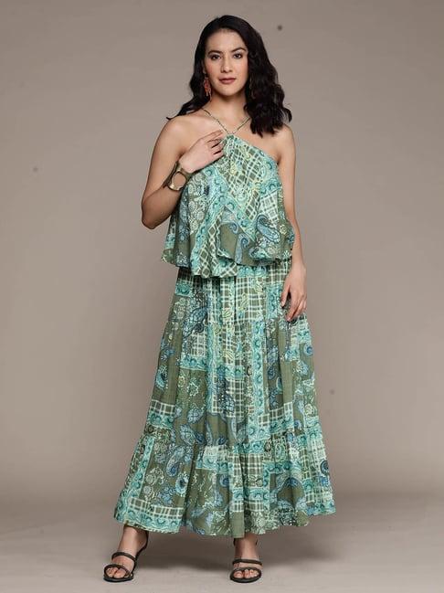 aarke ritu kumar green printed top & skirt