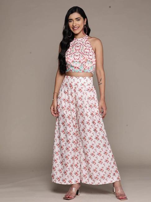 aarke ritu kumar ecru printed top & pants set