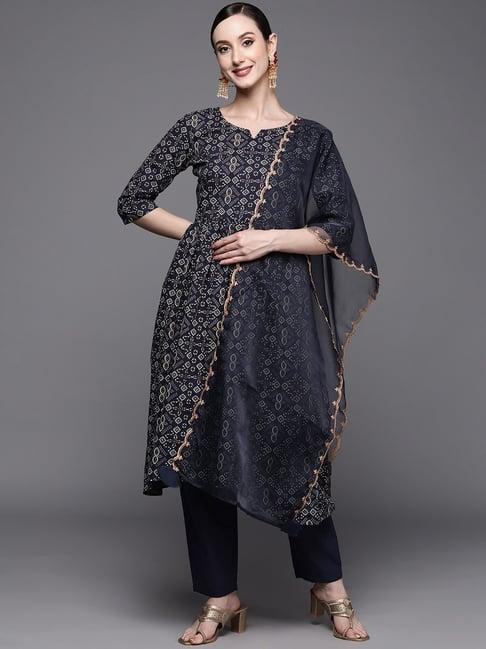 indo era navy printed kurta pant set with dupatta