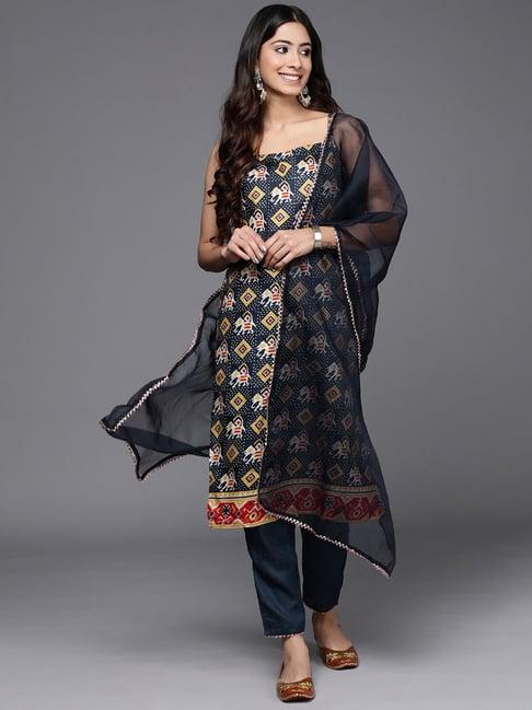 indo era blue printed kurta pant set with dupatta