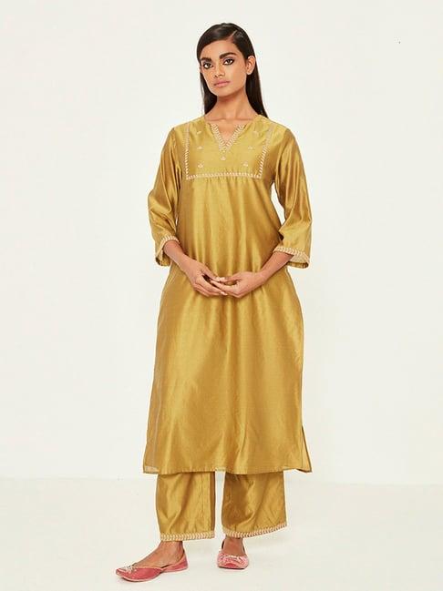 ancestry olive embroidered a line kurta