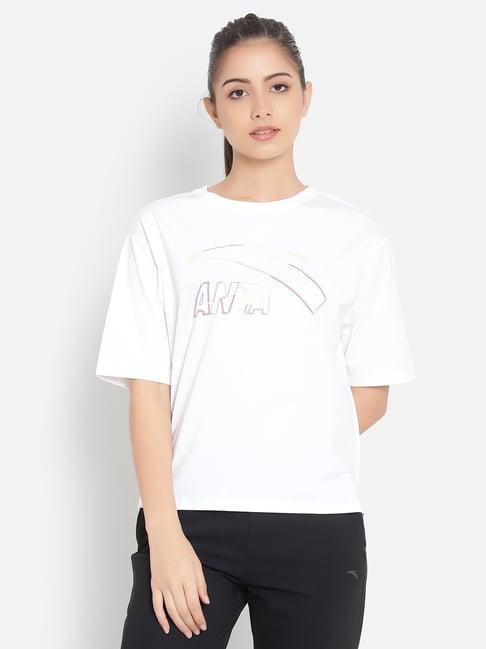 anta white cotton printed sports t-shirt