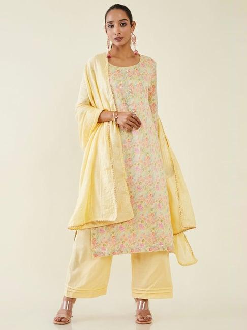 soch yellow cotton printed dress material