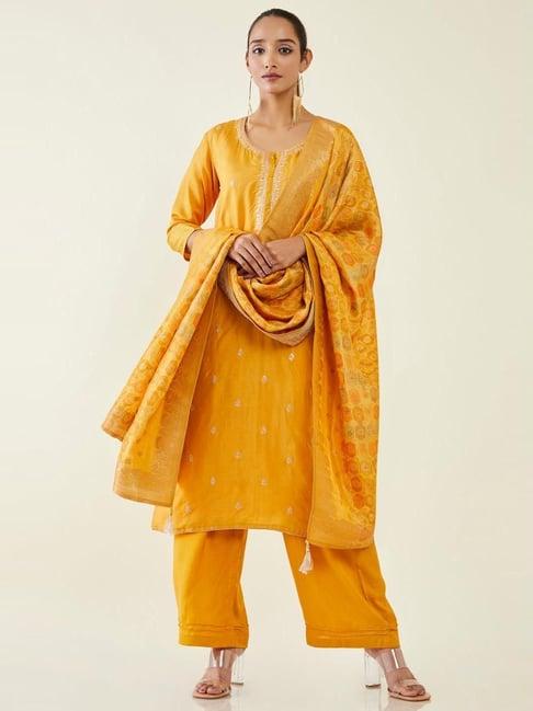 soch mustard embellished dress material